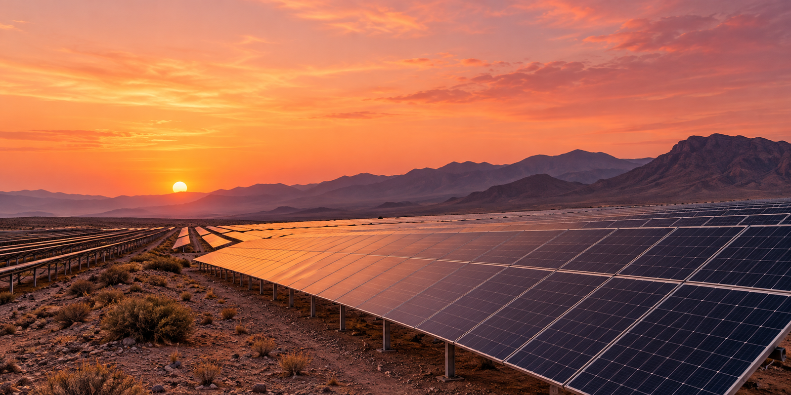 Installation solaire dans un paysage aride au coucher du soleil